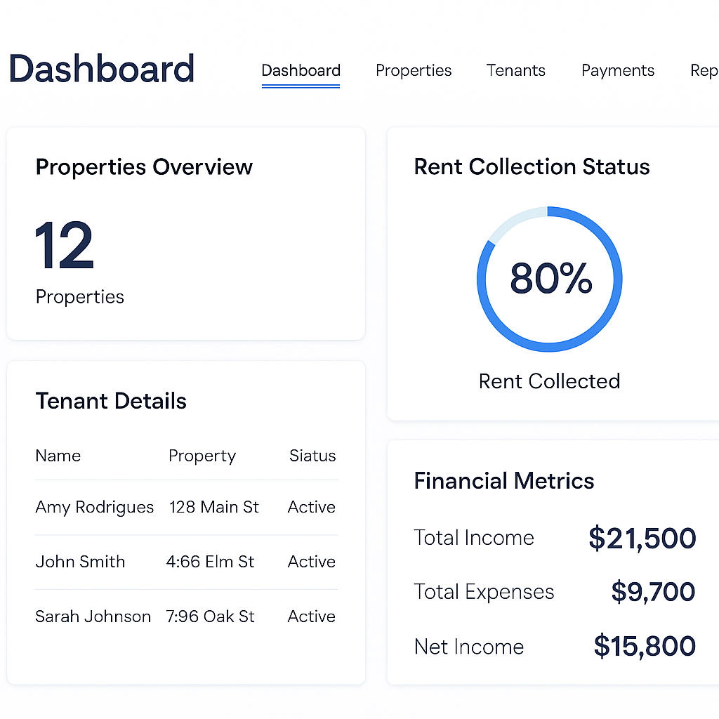 ZubaRent property management dashboard showing rent collection and analytics